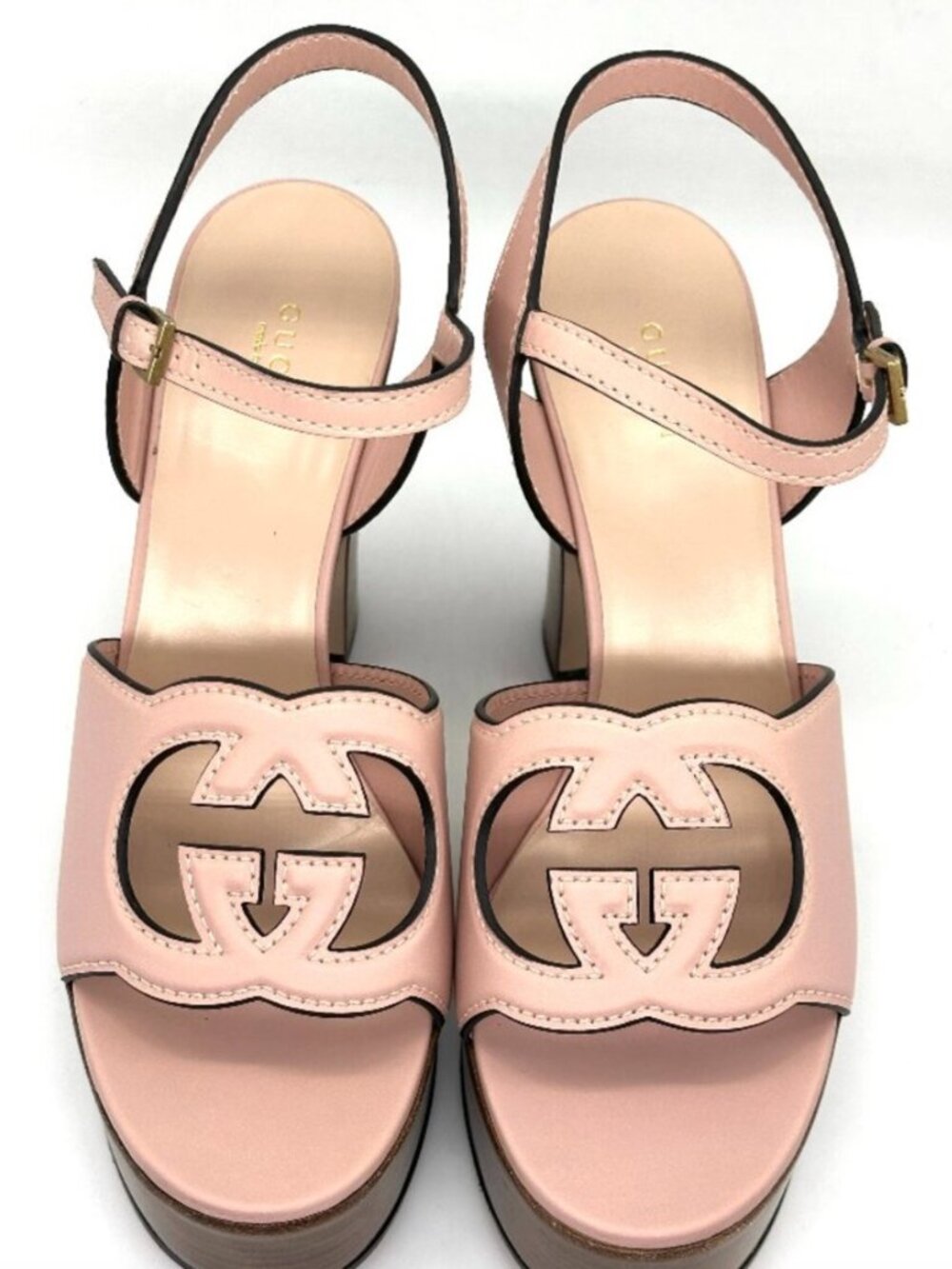 Gucci Cutout Interlocking GG Monogram Leather Platform Heels Sandals Shoes  39.5
